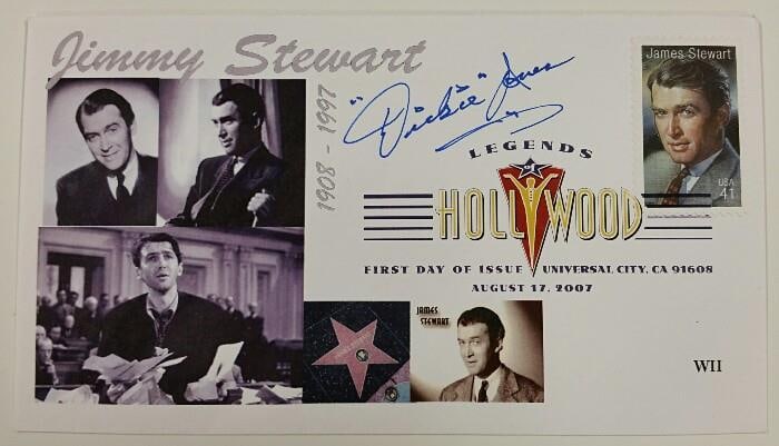 Dickie Jones Autographed WWII Hollywood Envelope PSA DNA Authenticated: Dickie Jones Autographed WWII Hollywood Envelope PSA DNA Authenticated This original World War II-era envelope features the authentic signature of Dickie Jones and a stamped image of Jimmy Stewart. Th
