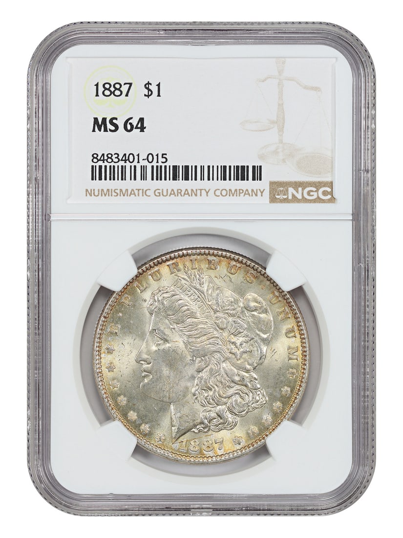 1887 Morgan Silver Dollar NGC MS64 Graded Uncirculated Coin: 1887 Morgan Silver Dollar NGC MS64 Graded Uncirculated Coin This 1887 Morgan Dollar is graded MS64 by NGC and originates from the Philadelphia Mint. Struck as part of the popular Morgan Dollar series,