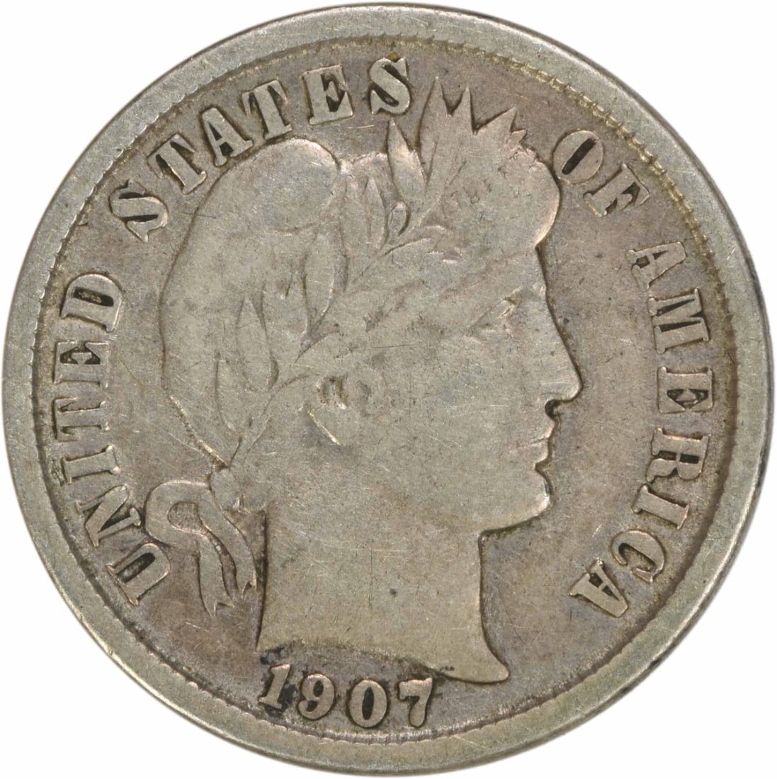 1907-O Barber Silver Dime 10C VF Uncertified New Orleans: 1907-O Barber Silver Dime 10C VF Uncertified New Orleans This 1907-O Barber Silver Dime is a classic piece from the United States, showcasing the artistry of designer Charles E. Barber. As a circulate