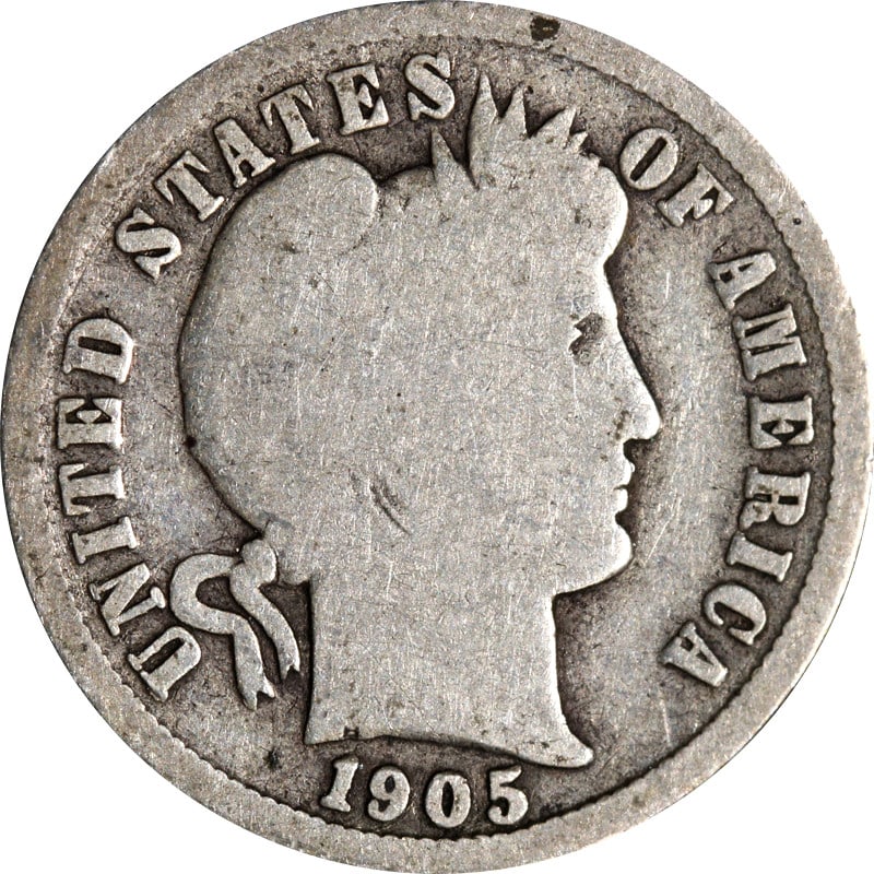 United States 1905 Silver Barber Dime with Micro O Mintmark: United States 1905 Silver Barber Dime with Micro O Mintmark This is a 1905-O Barber Dime featuring the Micro 'O' mint mark. The coin is composed of silver with a fineness of 0.9 and was minted in New 