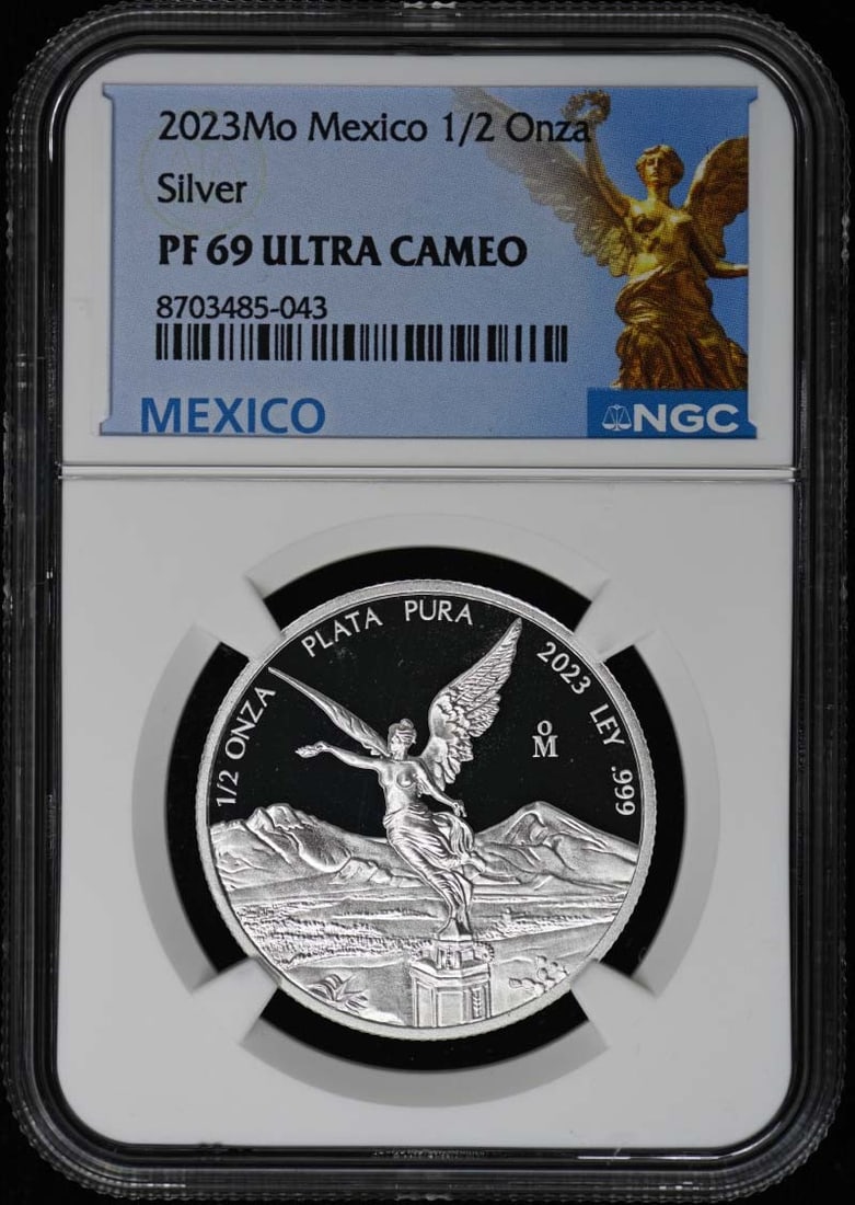 2023 Mexico 1 2 Onza Silver NGC PR69DCAM: 2023 Mexico 1 2 Onza Silver NGC PR69DCAM This is a 2023 Mexico Silver 1/2 Onza coin, graded PR69DCAM by NGC. The coin is uncirculated and comes with NGC certification. It is a pre-owned item from Mexi