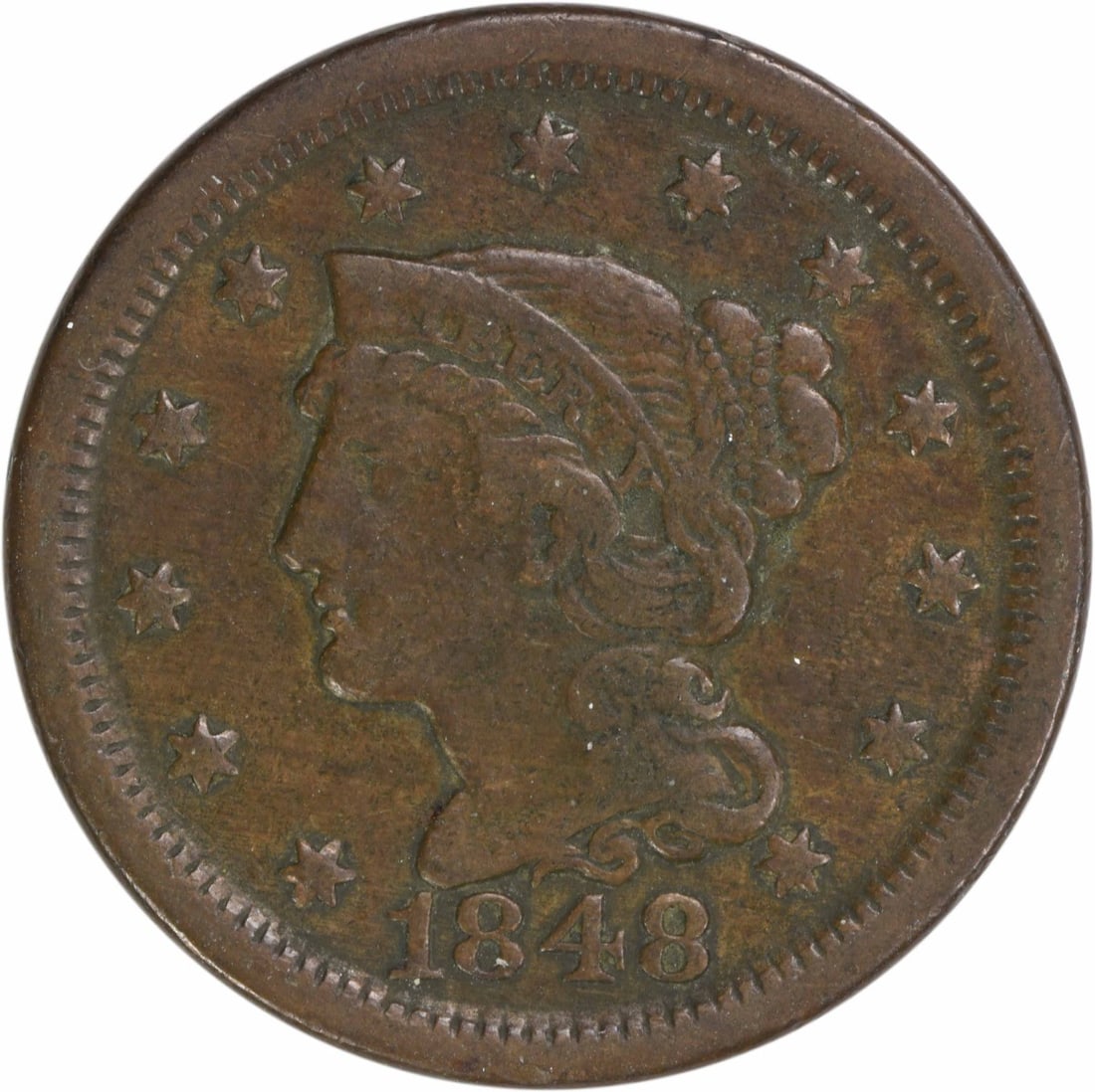 1848 Braided Hair Large Cent Copper VF Uncertified Philadelphia: 1848 Braided Hair Large Cent Copper VF Uncertified Philadelphia This 1848 Large Cent features a beautiful Braided Hair design crafted by renowned designer Christian Gobrecht. It is a circulated coin f