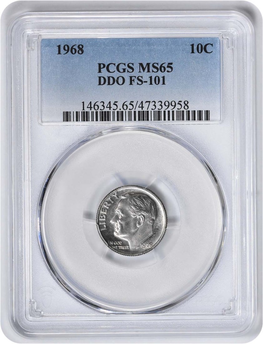 1968 Roosevelt Dime DDO FS-101 MS65 PCGS Certified Uncirculated Coin: 1968 Roosevelt Dime DDO FS-101 MS65 PCGS Certified Uncirculated Coin This 1968 Roosevelt Dime is a remarkable example of numismatic artistry, graded MS65 by PCGS. Struck in Philadelphia, this uncircul