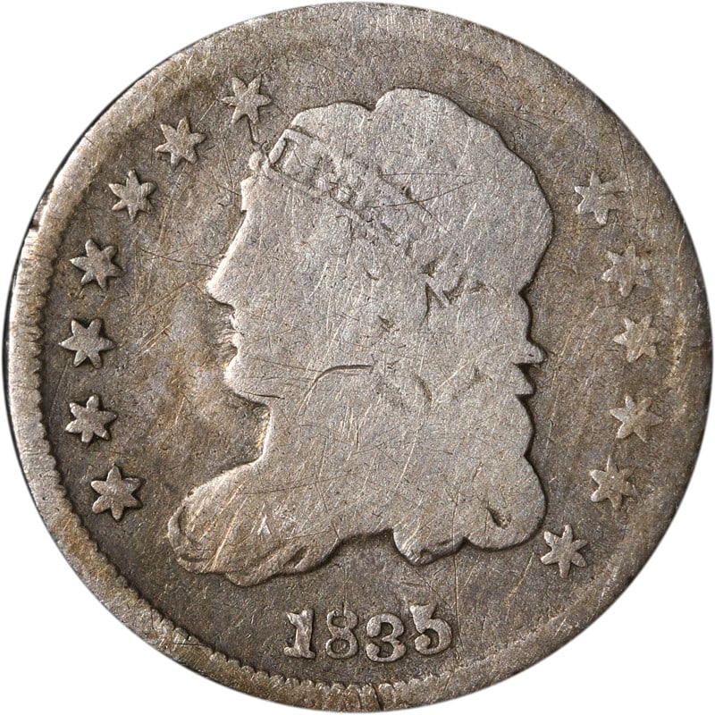 1835 Silver United States Bust Half Dime Circulated Coin: 1835 Silver United States Bust Half Dime Circulated Coin This is an 1835 Bust Half Dime from the United States. The coin is composed of silver and has been circulated. It is uncertified and in pre-own