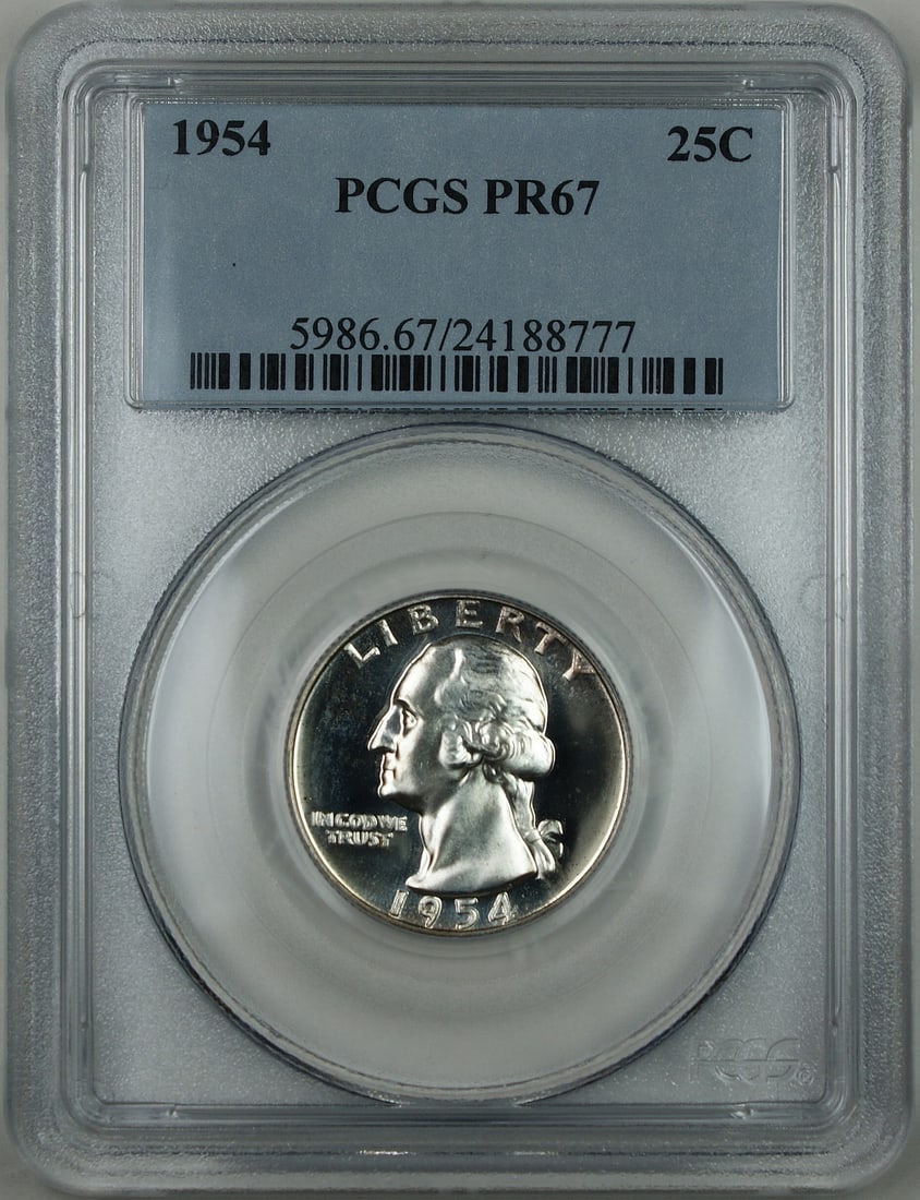 PCGS PR-67 1954 Washington Silver Quarter Proof Light Cameo Philadelphia Mint: PCGS PR-67 1954 Washington Silver Quarter Proof Light Cameo Philadelphia Mint This 1954 Washington Silver Quarter is a superb gem proof coin graded PR-67 by PCGS. Struck at the Philadelphia Mint, it f