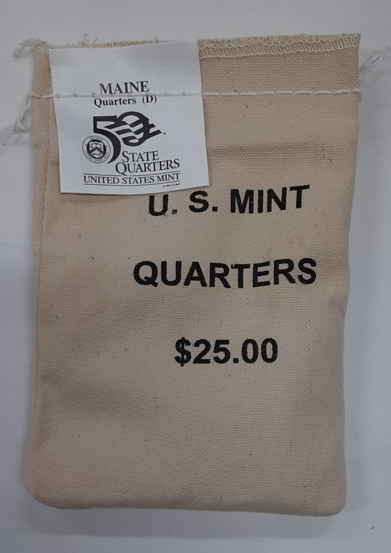 100-Coin U.S. Mint Bag 2003-D Maine State Quarters Uncirculated Original Packaging: 100-Coin U.S. Mint Bag 2003-D Maine State Quarters Uncirculated Original Packaging This is an original U.S. Mint sewn bag containing 100 uncirculated Maine State Quarters from 2003, each with a face v