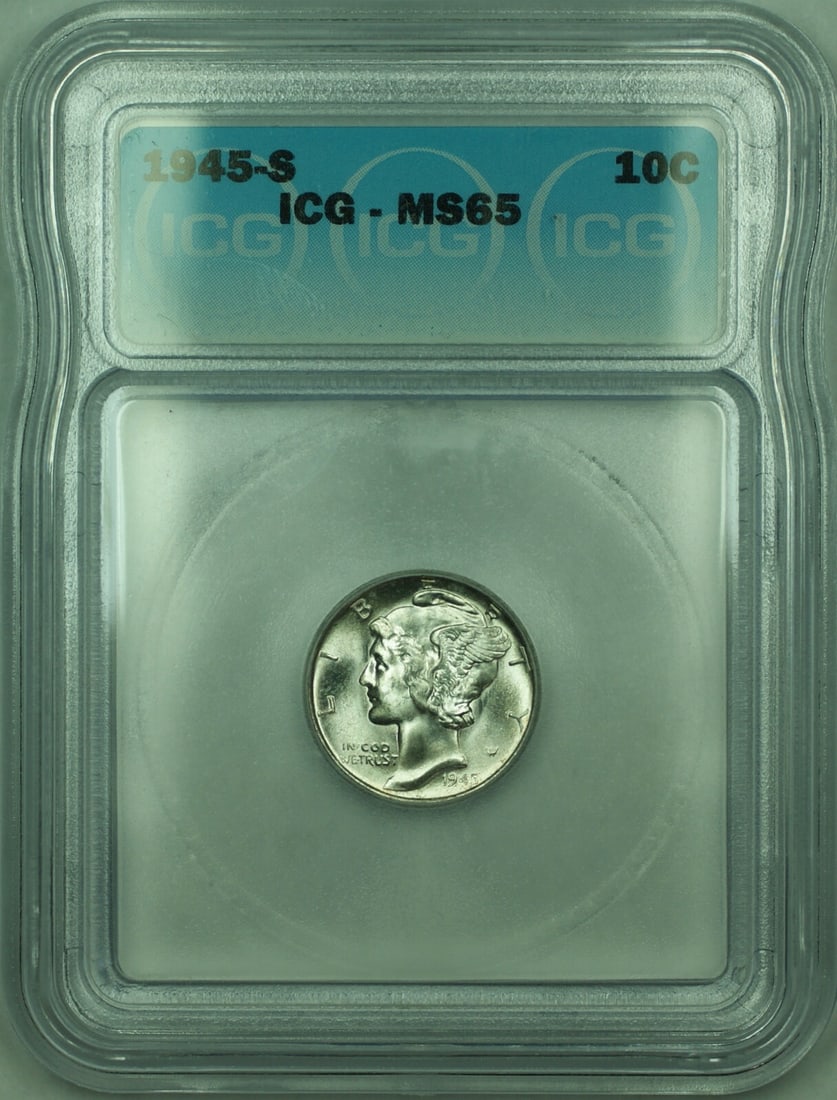 ICG MS-65 1945-S Silver Mercury 10c Dime: ICG MS-65 1945-S Silver Mercury 10c Dime This is a 1945 Mercury Silver Dime with a denomination of 10 cents, composed of 90% silver. The coin is uncirculated and has been graded MS-65 by ICG. It origi