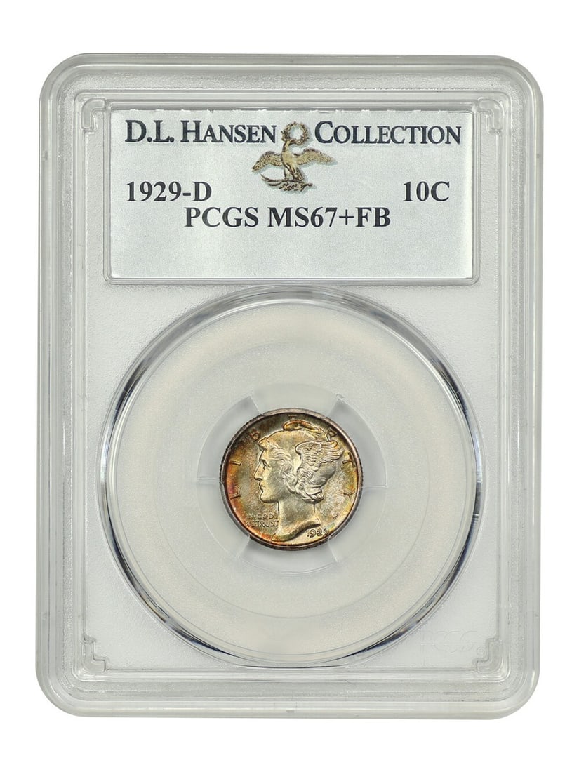PCGS MS67+FB 1929-D Mercury Dime Denver Mint: PCGS MS67+FB 1929-D Mercury Dime Denver Mint This 1929-D Mercury Dime is graded PCGS MS67+FB and is recognized as a condition rarity, with only three finer examples graded by PCGS. The coin is fully s