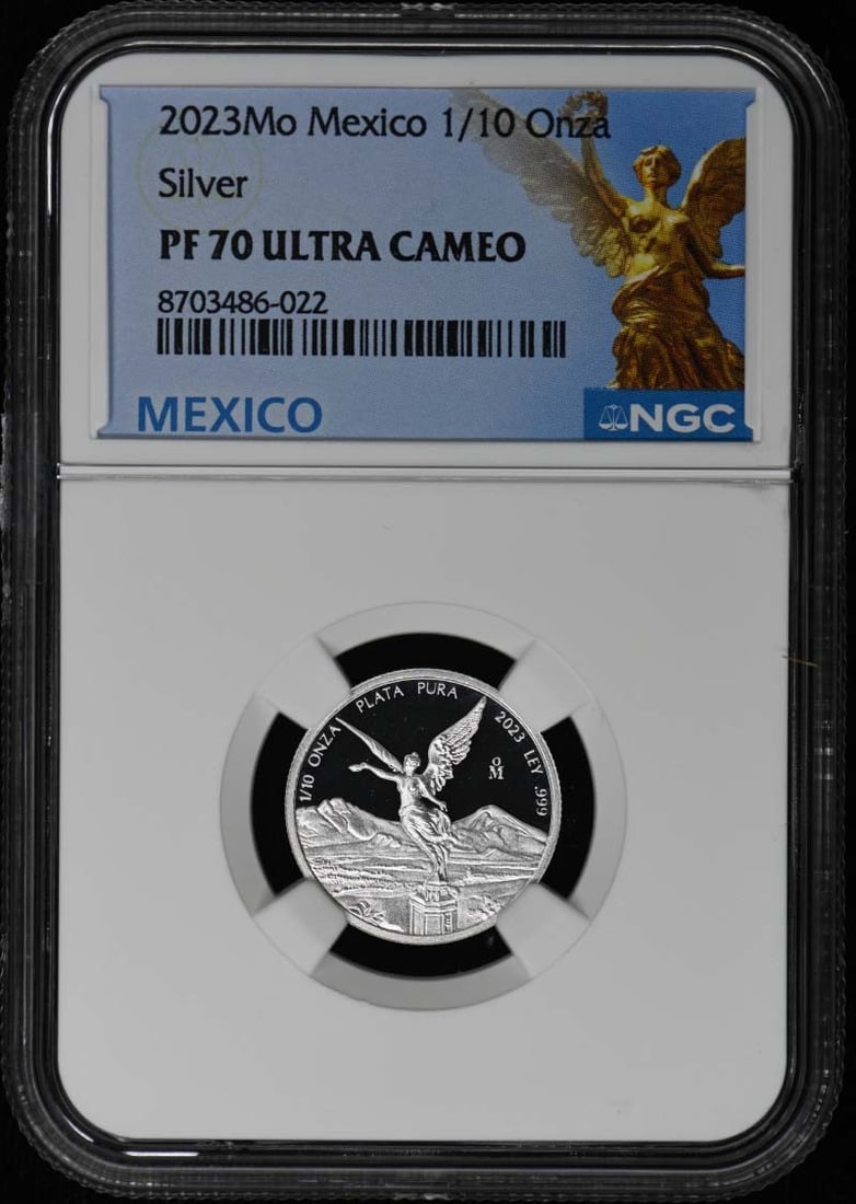 2023 Mexico 1 10 Onza Silver NGC PR70DCAM: 2023 Mexico 1 10 Onza Silver NGC PR70DCAM This is a 2023 Mexico Silver 1/10 Onza coin graded PR70 by NGC. The coin is uncirculated and comes certified with the NGC certification number 8703486022. It 