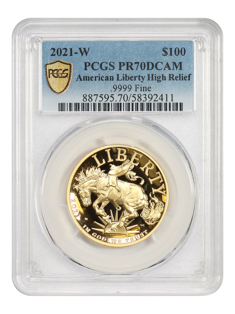 2021-W American Liberty Gold $100 Mustang PCGS PR70DCAM Box COA: 2021-W American Liberty Gold $100 Mustang PCGS PR70DCAM Box COA This 2021-W American Liberty Mustang $100 coin is a one-ounce gold bullion piece from the American Liberty Gold series. Graded PR70DCAM 