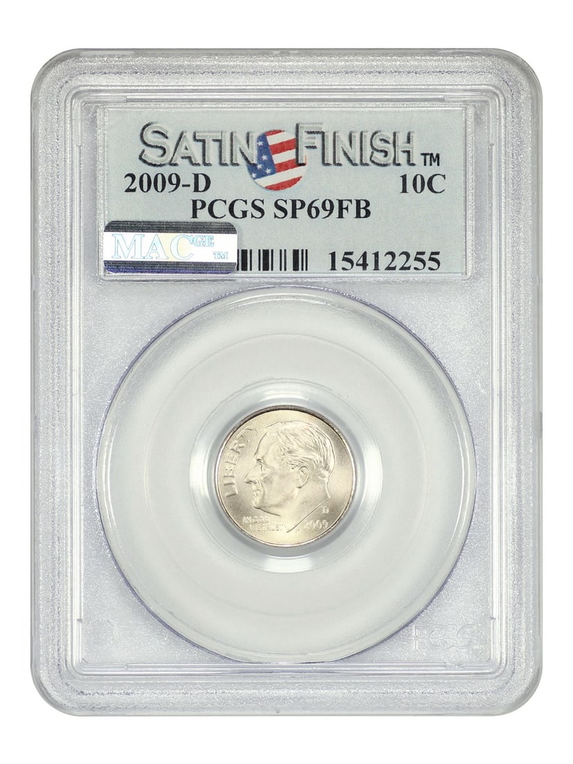PCGS SP69FB 2009-D Satin Finish Roosevelt Dime 10C Uncirculated: PCGS SP69FB 2009-D Satin Finish Roosevelt Dime 10C Uncirculated This 2009-D Roosevelt Dime features a satin finish and has been certified by PCGS with a grade of SP69FB, indicating a near-perfect coin