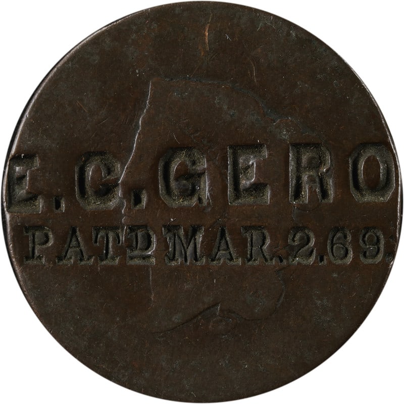 Large Cent Counterstamped E C Gero Patd Mar 2 69 Copper Coin: Large Cent Counterstamped E C Gero Patd Mar 2 69 Copper Coin This Large Cent features a unique counterstamp reading 'E. C. GERO PAT'D MAR 2 '69'. Crafted from copper, this coin has been circulated and