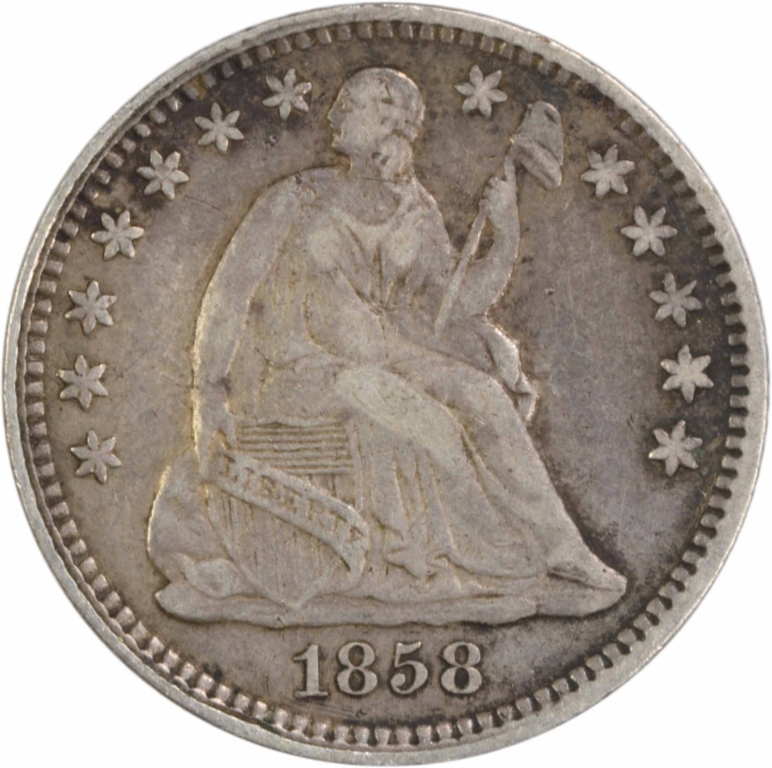 1858 Liberty Seated Half Dime 90% Silver Uncertified: 1858 Liberty Seated Half Dime 90% Silver Uncertified This 1858 Liberty Seated Silver Half Dime is a remarkable piece of American numismatic history. Struck at the Philadelphia Mint, this coin features