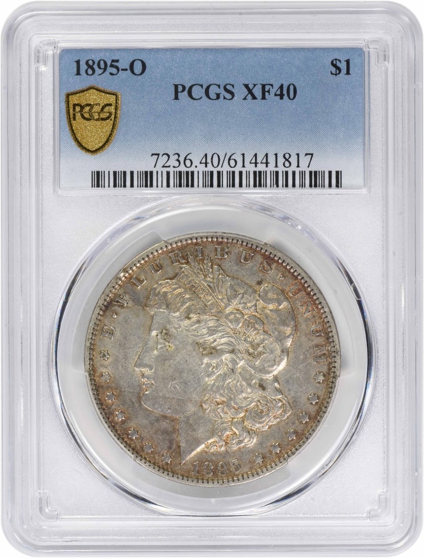 PCGS EF40 1895 O Morgan Silver Dollar: PCGS EF40 1895 O Morgan Silver Dollar This is an 1895-O Morgan Silver Dollar graded EF40 by PCGS. The coin is composed of 90% silver and 10% copper, was struck at the New Orleans Mint, and features th
