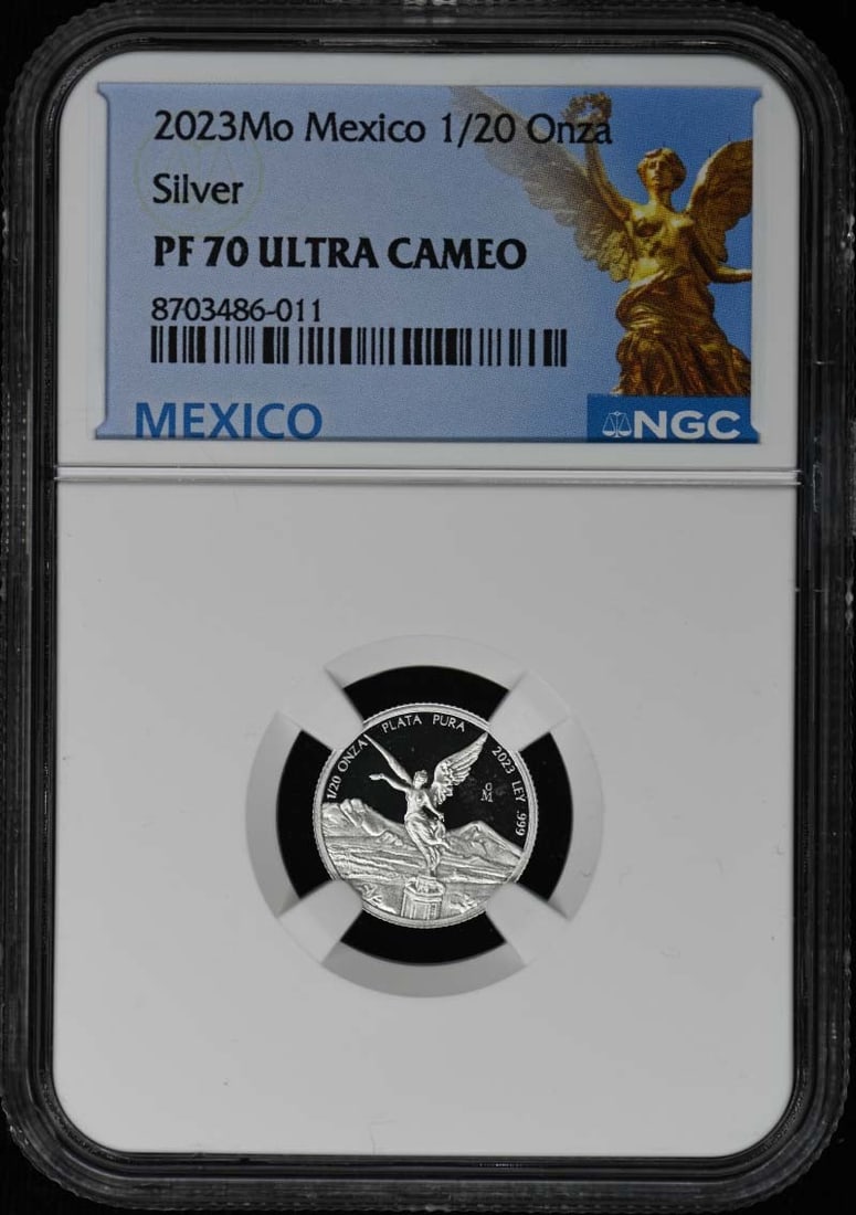 2023 Mexico 1 20 Onza Silver NGC PR70DCAM: 2023 Mexico 1 20 Onza Silver NGC PR70DCAM This 2023Mo Mexico Silver 1/20 Onza coin has been certified by NGC with a PR70 grade, indicating it is in perfect proof condition. The coin is uncirculated an