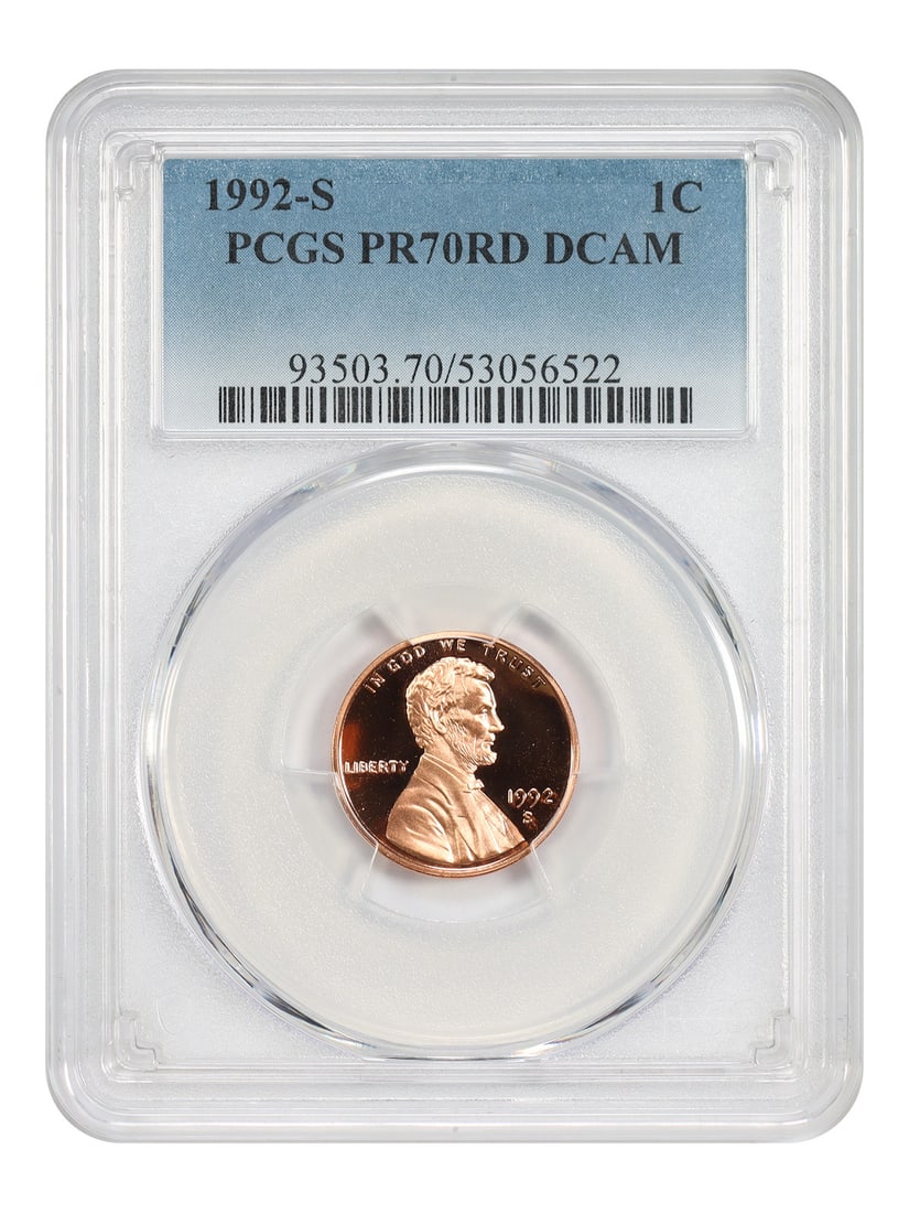 PCGS PR70RD DCAM 1992-S Lincoln Cent Proof San Francisco Mint: PCGS PR70RD DCAM 1992-S Lincoln Cent Proof San Francisco Mint This 1992-S Lincoln Cent is a modern proof coin graded PR70RD DCAM by PCGS, indicating a Deep Cameo finish and a perfect grade of 70. Stru