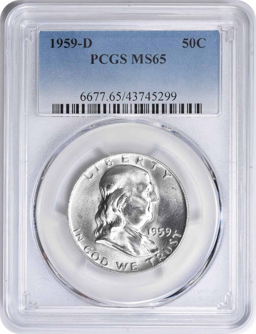 1959-D Franklin Half Dollar MS65 PCGS 90% Silver Coin: 1959-D Franklin Half Dollar MS65 PCGS 90% Silver Coin This 1959-D Franklin Half Dollar is a stunning piece graded MS65 by PCGS, indicating its exceptional quality. Made of 90% silver and 10% copper, t