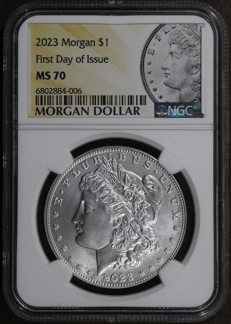 NGC MS70 2023 Morgan Silver Dollar 1 oz U.S. Mint: NGC MS70 2023 Morgan Silver Dollar 1 oz U.S. Mint This 2023 Morgan Silver Dollar is graded MS70 and certified by NGC. Minted by the U.S. Mint, it is composed of .999 fine silver and contains 1 troy ou