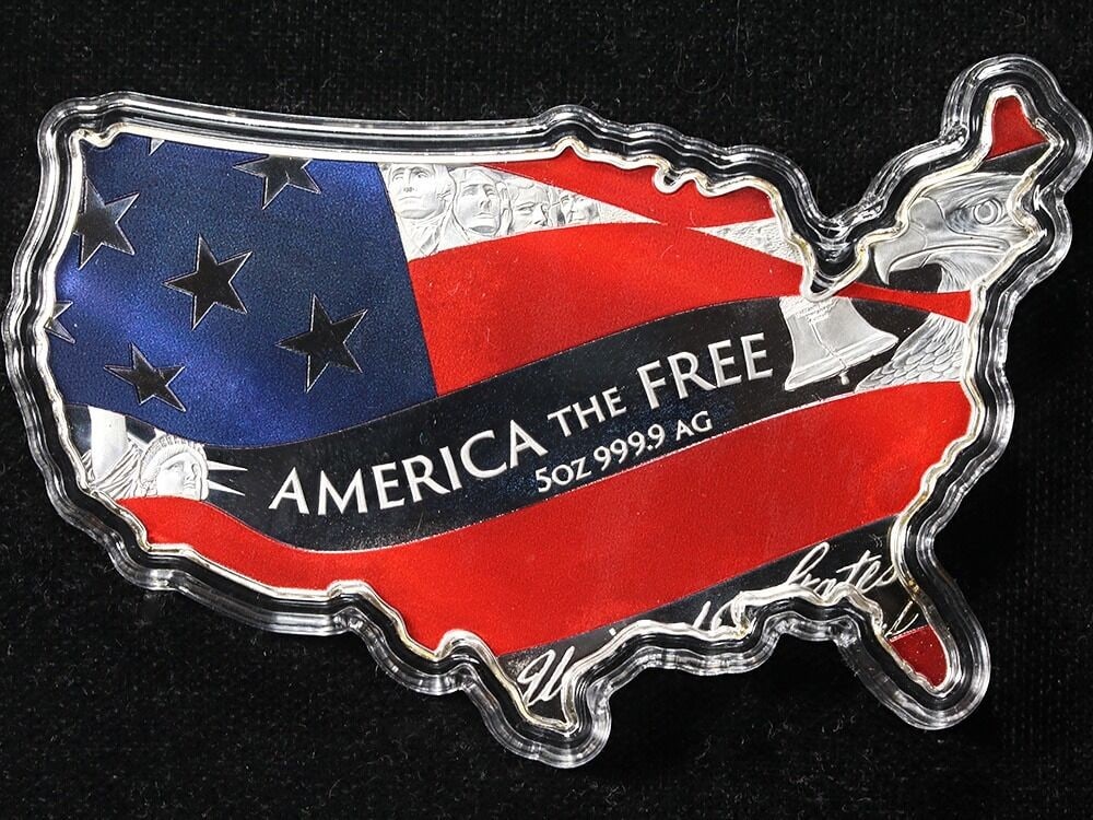 2021 Solomon Islands 5 Ounce Silver $15 America Shaped Stars and Stripes OGP: 2021 Solomon Islands 5 Ounce Silver $15 America Shaped Stars and Stripes OGP This 2021 Solomon Islands $15 coin is crafted from 5 ounces of 0.999 fine silver and features a unique America-shaped desig
