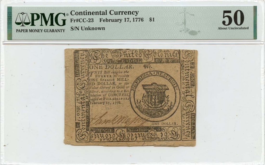 1776 $1 Continental Currency CC-23 PMG AU50 Certified Note: 1776 $1 Continental Currency CC-23 PMG AU50 Certified Note This is a February 17 $1 Continental Currency from 1776, designated as type CC-23. The note has been certified by PMG with a grade of AU50, i
