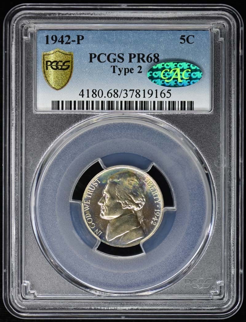 1942-P Jefferson Nickel Proof PCGS PR68 CAC Certified: 1942-P Jefferson Nickel Proof PCGS PR68 CAC Certified This 1942-P 5C Type 2 Jefferson Nickel is a stunning example of the classic American coinage, certified by PCGS with a remarkable PR68 grade. This