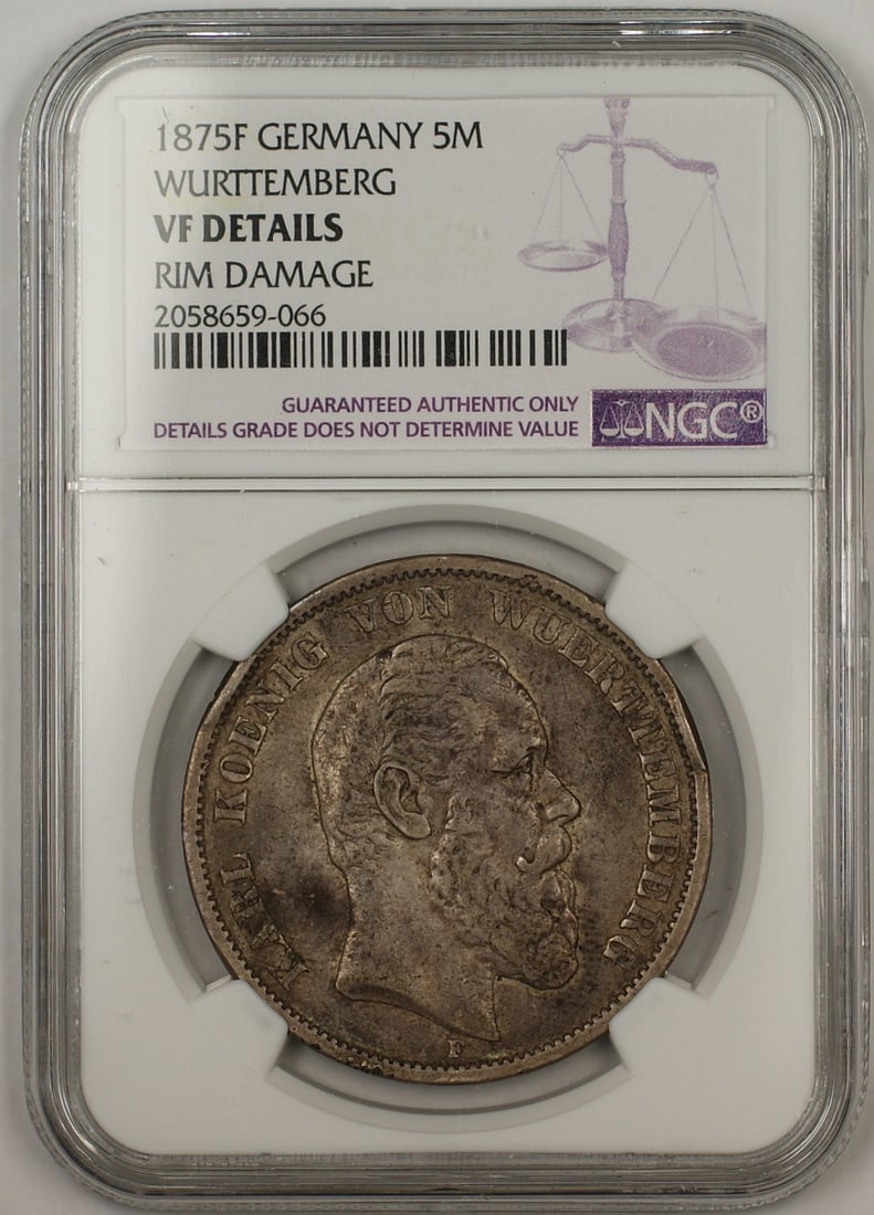 NGC Certified 1875F Wurttemberg 5 Mark Silver Germany Coin VF Details Rim Damage: NGC Certified 1875F Wurttemberg 5 Mark Silver Germany Coin VF Details Rim Damage This is an 1875F Germany Wurttemberg 5 Mark silver coin, certified by NGC with a VF (Very Fine) Details grade. The coin