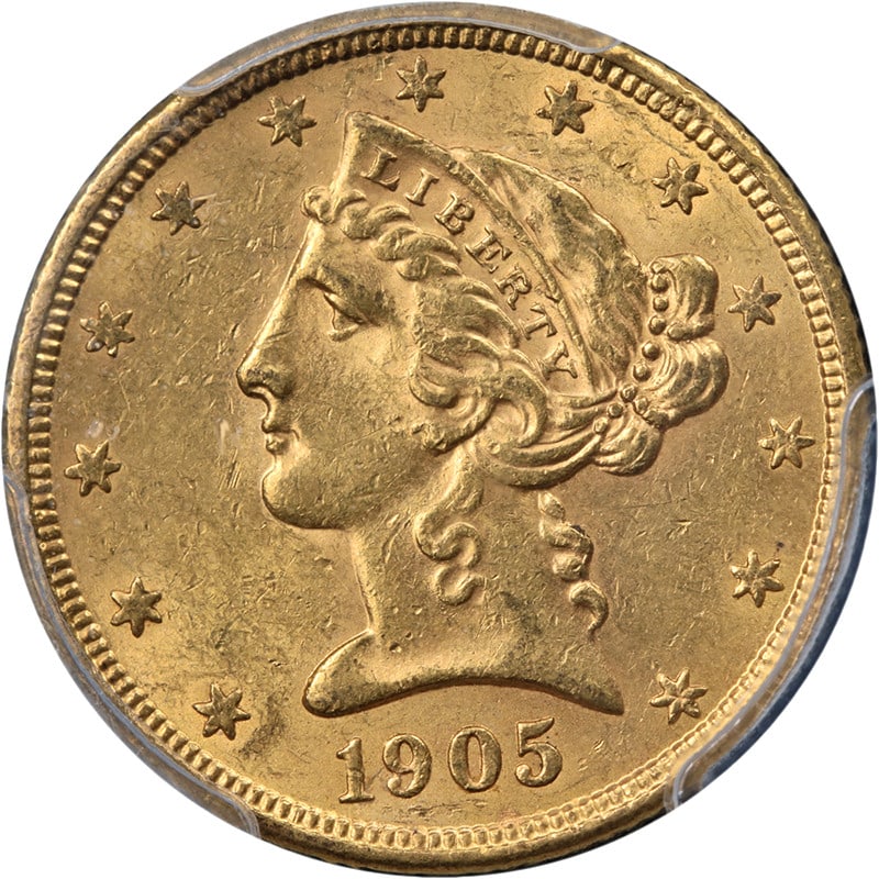 1905-S Liberty Head $5 Gold PCGS MS62: 1905-S Liberty Head $5 Gold PCGS MS62 This 1905-S Liberty Gold $5 coin, graded MS62 by PCGS, features attractive eye appeal, strong luster, and a sharp strike. It displays pleasing color and well-pres