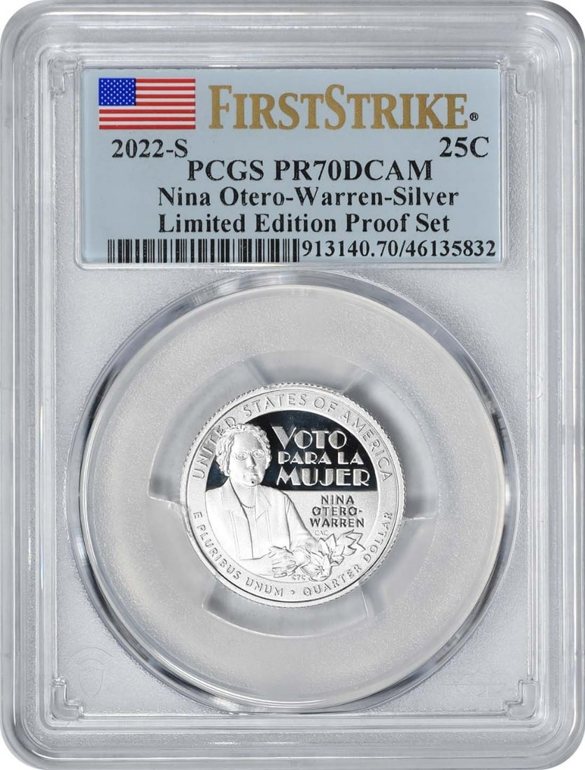 PCGS PR70DCAM 2022-S Nina Otero-Warren Silver Quarter: PCGS PR70DCAM 2022-S Nina Otero-Warren Silver Quarter This 2022-S Nina Otero-Warren Washington Quarter is a proof coin struck in 99.9% silver. It is graded PR70DCAM by PCGS, indicating a flawless, dee