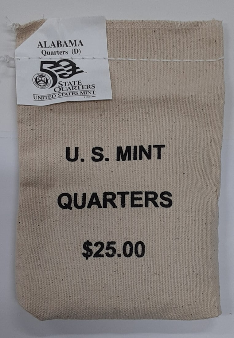 2003-D Alabama State Quarter 100 Coin Mint Sewn Bag $25 Face Value: 2003-D Alabama State Quarter 100 Coin Mint Sewn Bag $25 Face Value This is a $25 face value U.S. Mint sewn bag containing 100 uncirculated Alabama Statehood Quarters from 2003, minted in Denver. The c
