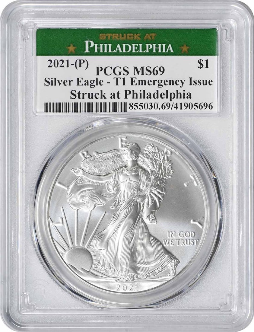 2021 Silver Eagle Emergency Issue MS69 PCGS Philadelphia Mint 1 oz Fine Silver: 2021 Silver Eagle Emergency Issue MS69 PCGS Philadelphia Mint 1 oz Fine Silver This 2021 Silver Eagle Emergency Issue T-1 coin is a stunning addition to any collection. Certified by PCGS with a grade 