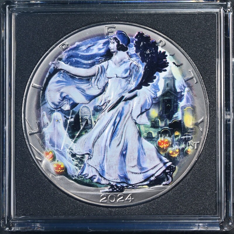 2024 Silver American Eagle Halloween Ghost Night Edition Colorized Coin: 2024 Silver American Eagle Halloween Ghost Night Edition Colorized Coin Presenting the 2024 Silver American Eagle $1 Halloween Ghost Night Edition, featuring a stunning colorized design on both sides.