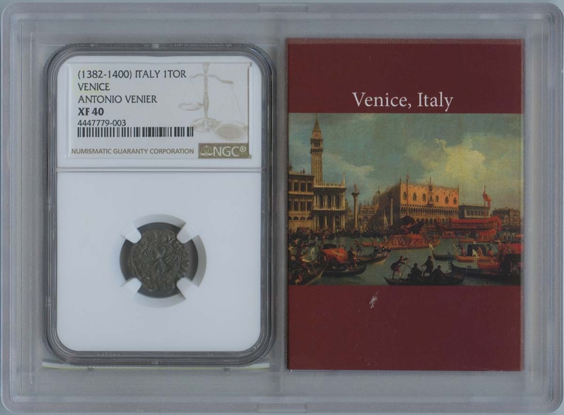 1382-1400 Italy 1TOR Venice Antonio Venier NGC XF40 Coin: 1382-1400 Italy 1TOR Venice Antonio Venier NGC XF40 Coin This Italian coin, minted between 1382 and 1400 during the reign of Antonio Venier in Venice, is certified by NGC with a grade of XF40. The coi