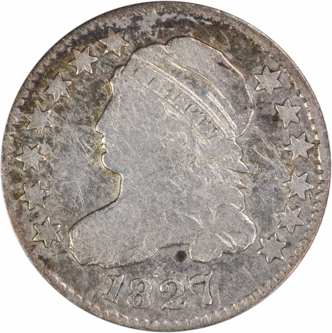 1827 Capped Bust Dime VG Grade Uncertified Philadelphia Mint: 1827 Capped Bust Dime VG Grade Uncertified Philadelphia Mint This 1827 Capped Bust Dime was minted in Philadelphia and designed by John Reich. Featuring a composition of 89.2% silver and 10.8% copper,