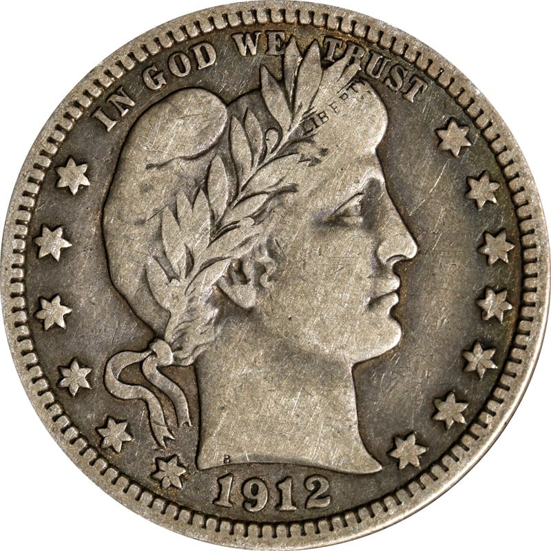 1912 Philadelphia Mint Barber Silver 25 Cent Coin: 1912 Philadelphia Mint Barber Silver 25 Cent Coin This is a 1912-P Barber Quarter composed of silver with a fineness of 0.9. The coin was minted in Philadelphia and is in circulated, pre-owned conditi