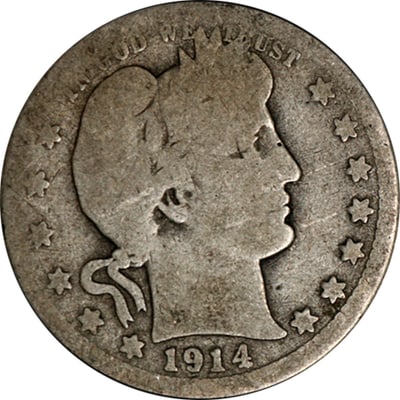 San Francisco 1914-S Barber silver quarter Nearly G: San Francisco 1914-S Barber silver quarter Nearly G This original 1914-S Barber Quarter offers nice eye appeal with honest and even wear. It is graded as Nearly Good, making it a collectible piece for