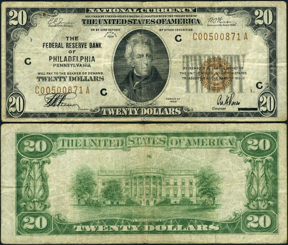 1929 Philadelphia $20 Federal Reserve Bank Note C-A Block VF: 1929 Philadelphia $20 Federal Reserve Bank Note C-A Block VF This is a 1929 $20 Federal Reserve Bank Note from Philadelphia, featuring the C-A block and classified as Friedberg 1870-C. The note is cir