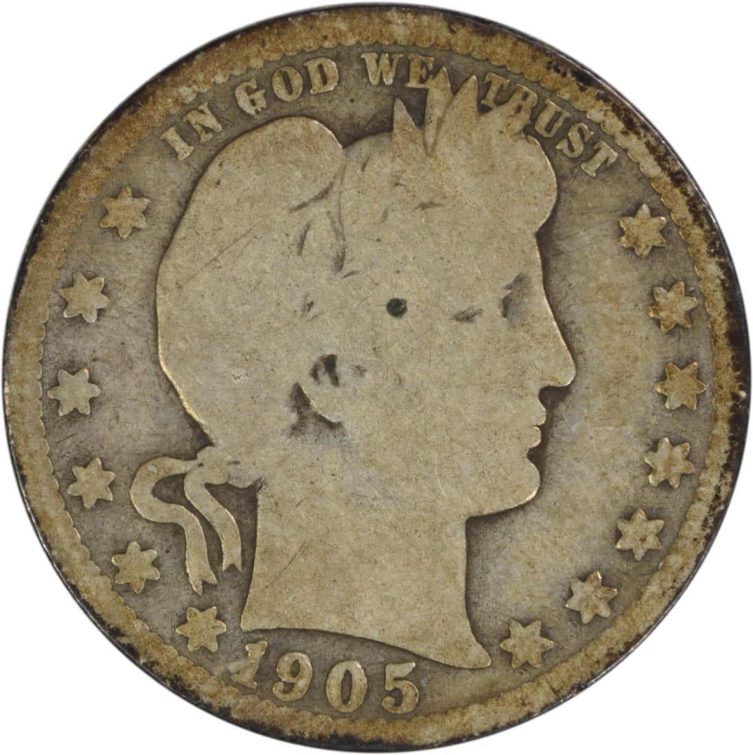 1905-O United States Barber Quarter 90 Percent Silver Uncertified Coin: 1905-O United States Barber Quarter 90 Percent Silver Uncertified Coin This is a 1905-O Barber Quarter from the New Orleans Mint, featuring a design by Charles E. Barber. Composed of 90% silver and 10