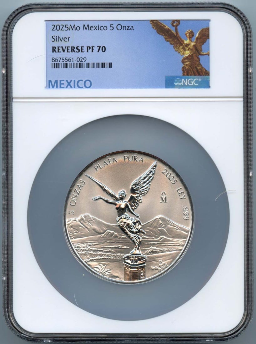 2025 Mexico 5 Onza Libertad NGC PR70 Reverse Proof: 2025 Mexico 5 Onza Libertad NGC PR70 Reverse Proof This 2025 Mo Mexico 5 Onza Libertad silver coin is graded PF70 Reverse Proof by NGC, indicating a flawless, uncirculated condition. With a low mintag