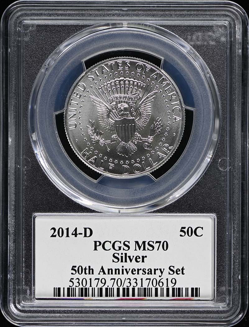 2014-D Silver 50th Anniversary Half Dollar PCGS MS70: 2014-D Silver 50th Anniversary Half Dollar PCGS MS70 This 2014-D Kennedy Half Dollar is part of the 50th Anniversary Set. Struck at the Denver Mint in silver, this coin is graded MS70 by PCGS, indicat