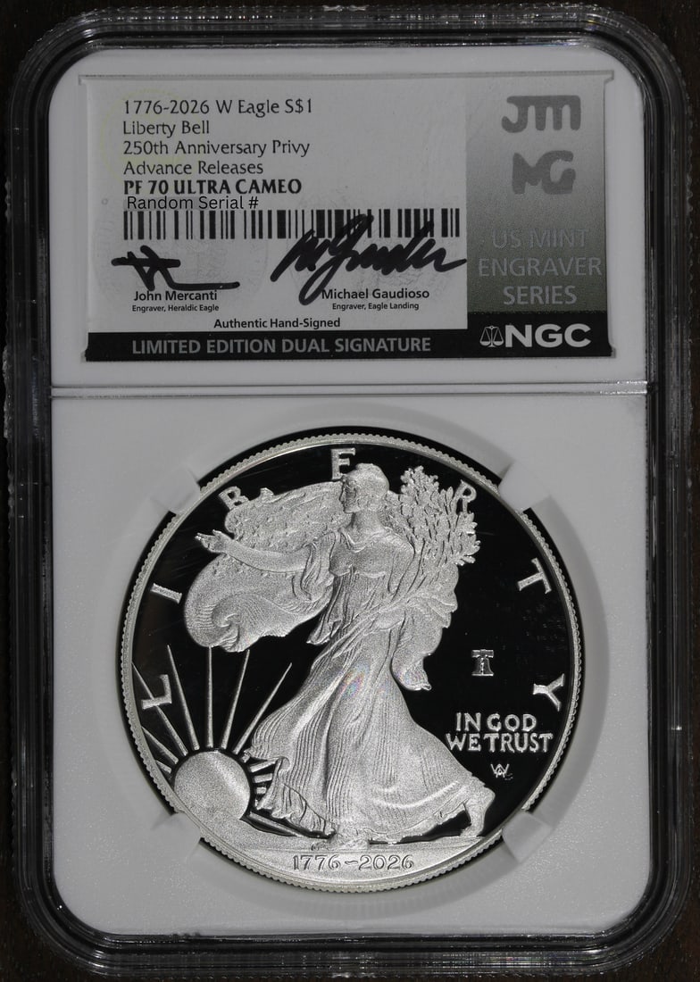 2026-W NGC PF70 American Silver Eagle 1 oz AR Mercanti: 2026-W NGC PF70 American Silver Eagle 1 oz AR Mercanti This is a 2026 American Silver Eagle $1 coin, struck in proof quality by the U.S. Mint. Composed of 0.999 fine silver, the coin contains 1 troy o