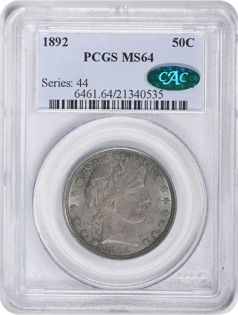 1892 Barber Half Dollar MS64 PCGS Certified Silver Coin: 1892 Barber Half Dollar MS64 PCGS Certified Silver Coin This 1892 Barber Silver Half Dollar is a remarkable piece of numismatic history, certified by PCGS with a grade of MS64, indicating its uncircul
