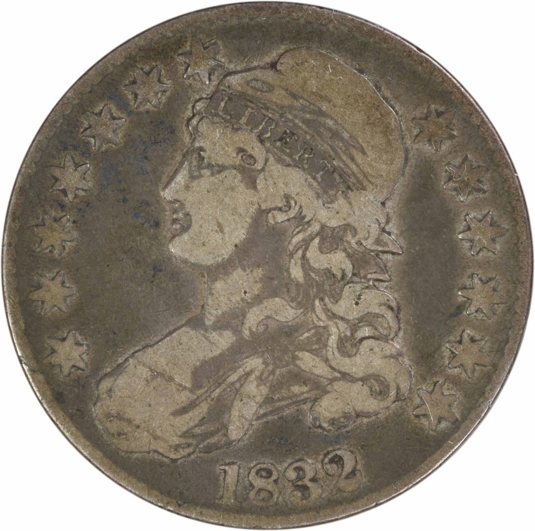 1832 Philadelphia Capped Bust Half Dollar Fine Grade Uncertified: 1832 Philadelphia Capped Bust Half Dollar Fine Grade Uncertified This 1832 Bust Half Dollar is a circulated coin from the Philadelphia Mint, graded F (Fine). Designed by John Reich, it features a comp