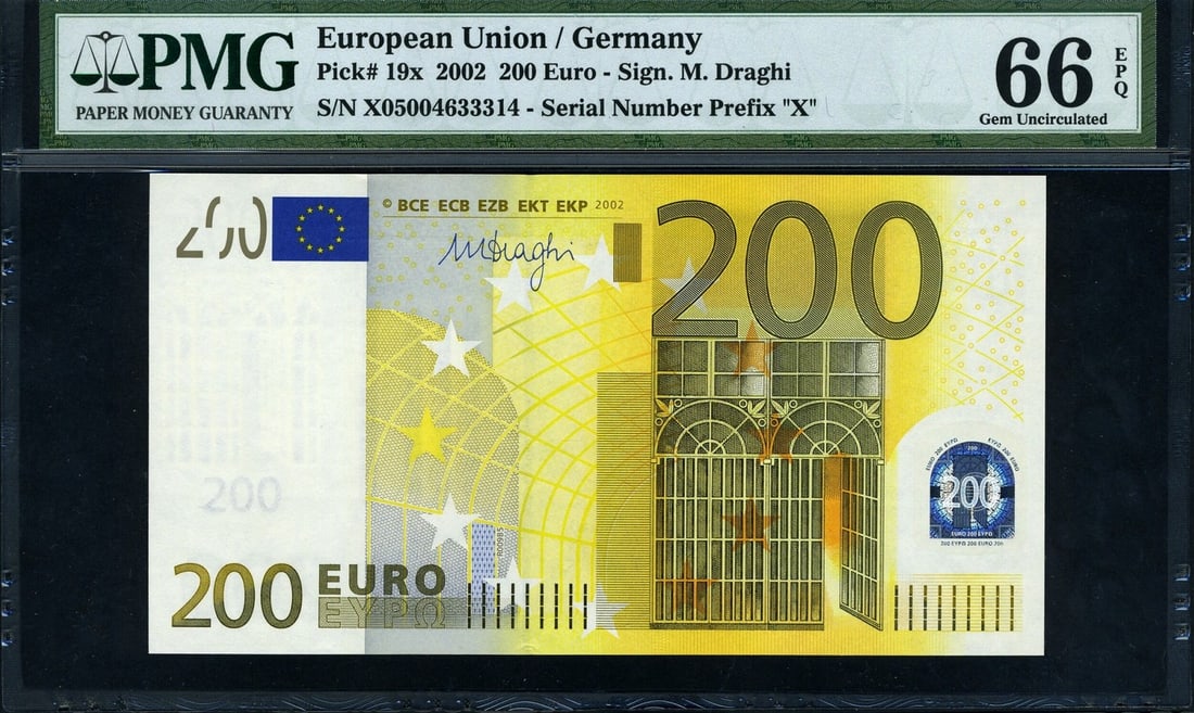 PMG Gem CU66 EPQ Germany 200 Euro 2002 P19x: PMG Gem CU66 EPQ Germany 200 Euro 2002 P19x This Germany European Union 200 Euro banknote from 2002 is certified by PMG with a grade of Gem CU66 EPQ. The note features excellent paper quality, punch t