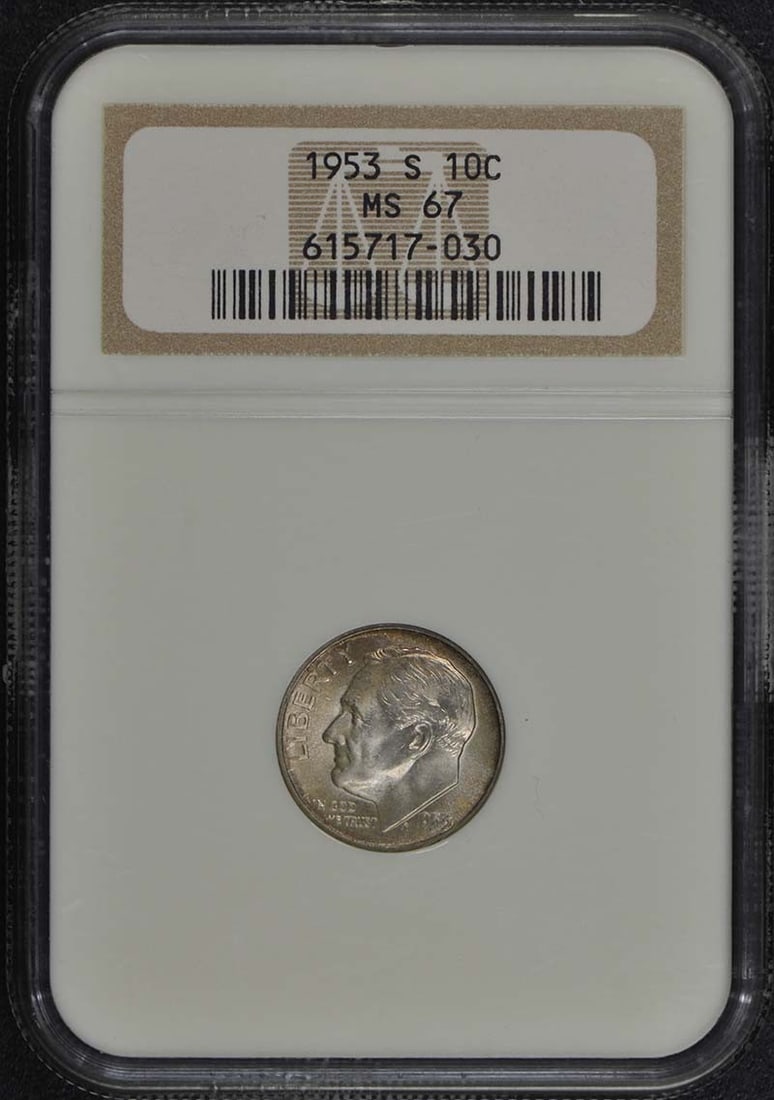 1953 S Roosevelt Dime Silver NGC MS67 Uncirculated Certification 61571730: 1953 S Roosevelt Dime Silver NGC MS67 Uncirculated Certification 61571730 This 1953 S Roosevelt Dime is a remarkable piece of numismatic history, certified by NGC with a grade of MS67. As an uncircula