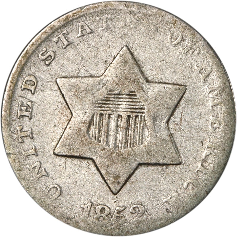 United States 1852 Silver Three Cent Piece Circulated Example: United States 1852 Silver Three Cent Piece Circulated Example This is an 1852 Three Cent Silver coin from the United States. The coin is made of silver and is in circulated, pre-owned condition. It is