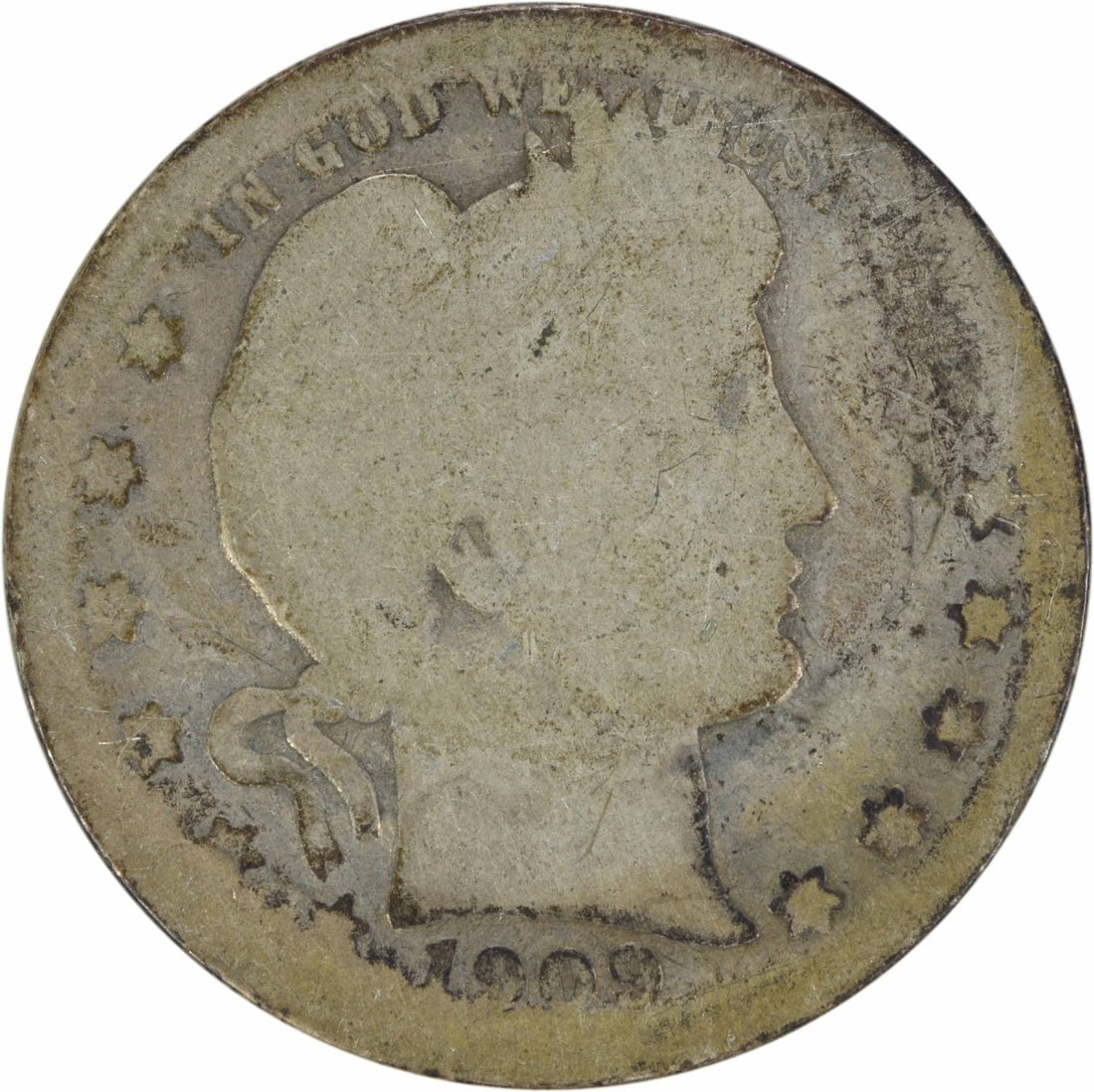 1909-O Barber Silver Quarter 90% Silver Uncertified Coin: 1909-O Barber Silver Quarter 90% Silver Uncertified Coin This 1909-O Barber Silver Quarter features a stunning design by Charles E. Barber. Struck in New Orleans, this coin is composed of 90% silver a