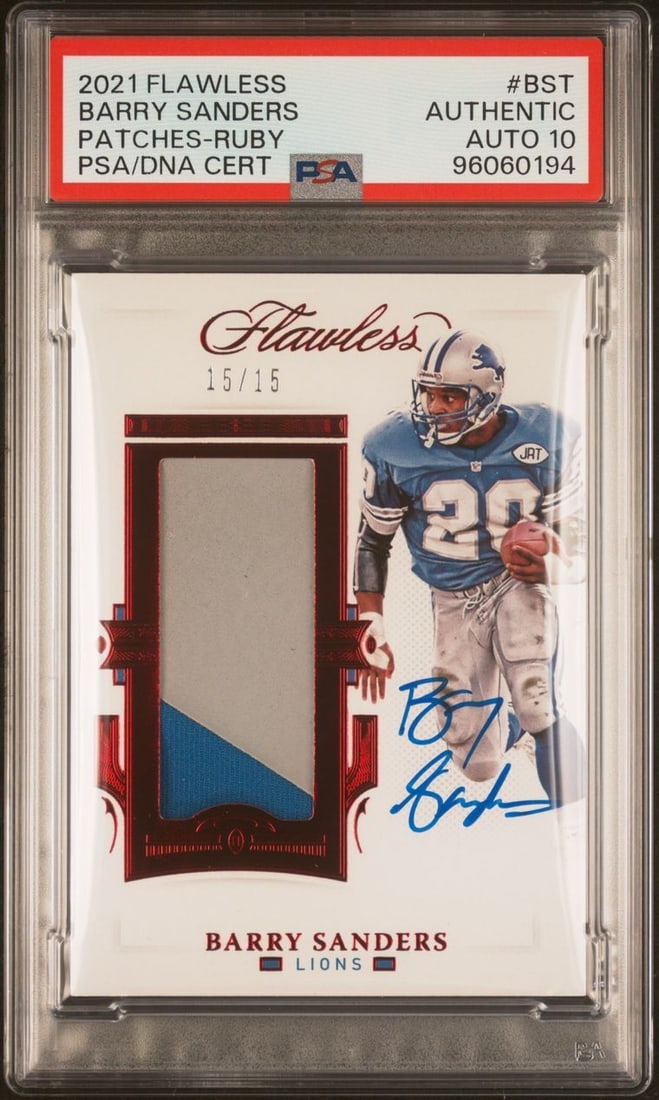 2021 Panini Flawless Barry Sanders Signed Ruby Patch Card PSA: 2021 Panini Flawless Barry Sanders Signed Ruby Patch Card PSA This 2021 Panini Flawless Patches-Ruby #BST sports trading card features an autograph from legendary NFL player Barry Sanders. The card sh