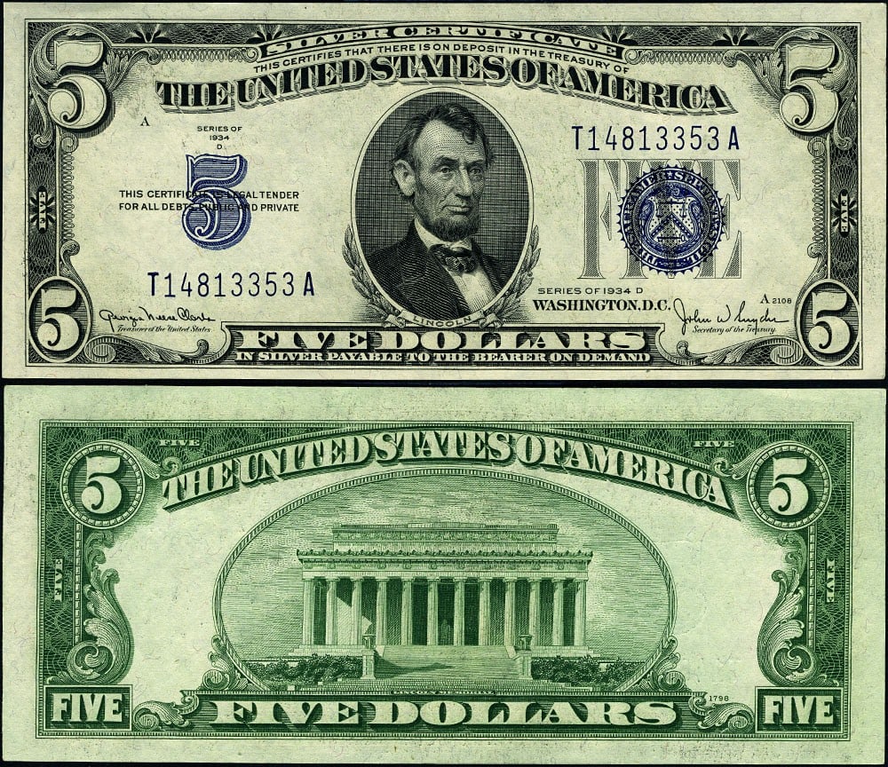 1934-D $5 Silver Certificate FR. 1654 T-A Block Wide I Uncertified (1 of 3)