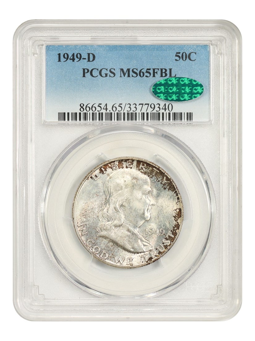 1949-D Franklin Half Dollar PCGS CAC MS65FBL: 1949-D Franklin Half Dollar PCGS CAC MS65FBL This is a 1949-D Franklin Half Dollar graded MS65FBL by PCGS and verified by CAC. The coin is uncirculated and comes from the Denver mint. Please note ther