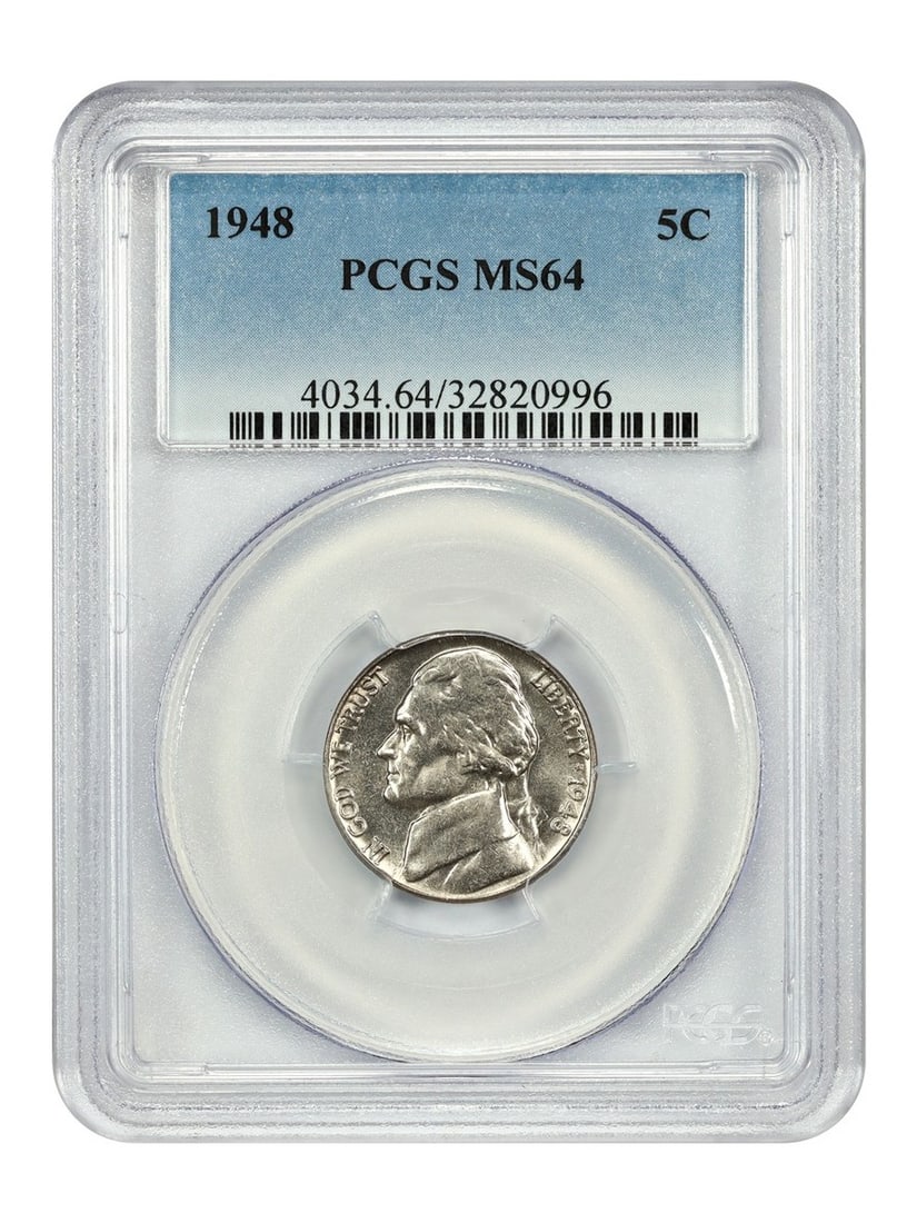 PCGS MS64 1948 Jefferson 5C Nickel: PCGS MS64 1948 Jefferson 5C Nickel This is a 1948 Jefferson Nickel graded MS64 by PCGS. The coin is in pre-owned condition. Specifications Year: 1948 Denomination: 5C (Nickel) Type: Jefferson Nickel G